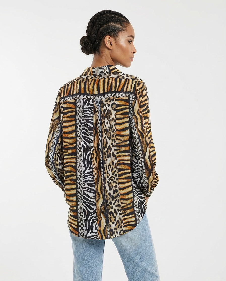 Premium Animal Print Long Sleeve Blouse | Tiger & Leopard Fusion