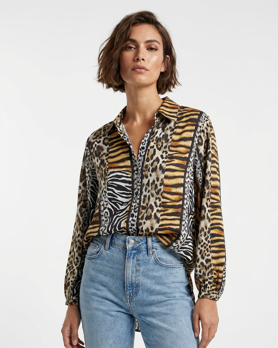 Premium Animal Print Long Sleeve Blouse | Tiger & Leopard Fusion