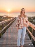This is a modern Abstract Geometric Bell-Sleeve Blouse, featuring a warm, earthy color palette perfect for golden hour styling.