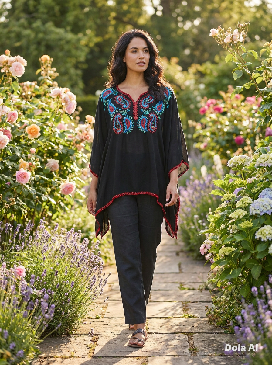 This is a sophisticated Black Sleeveless Midi Dress with Metallic Embroidery, styled for an elegant evening look.