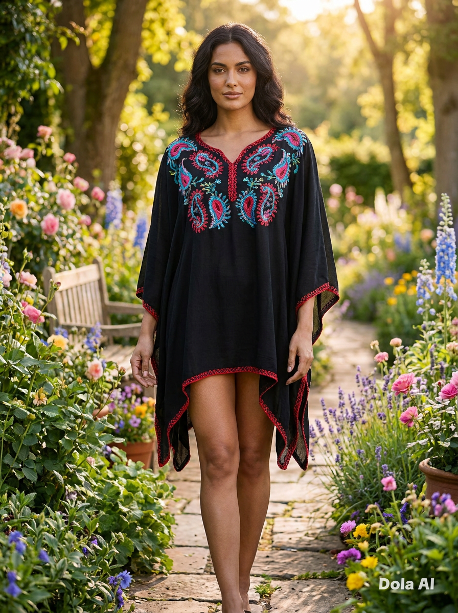 This is a sophisticated Black Sleeveless Midi Dress with Metallic Embroidery, styled for an elegant evening look.