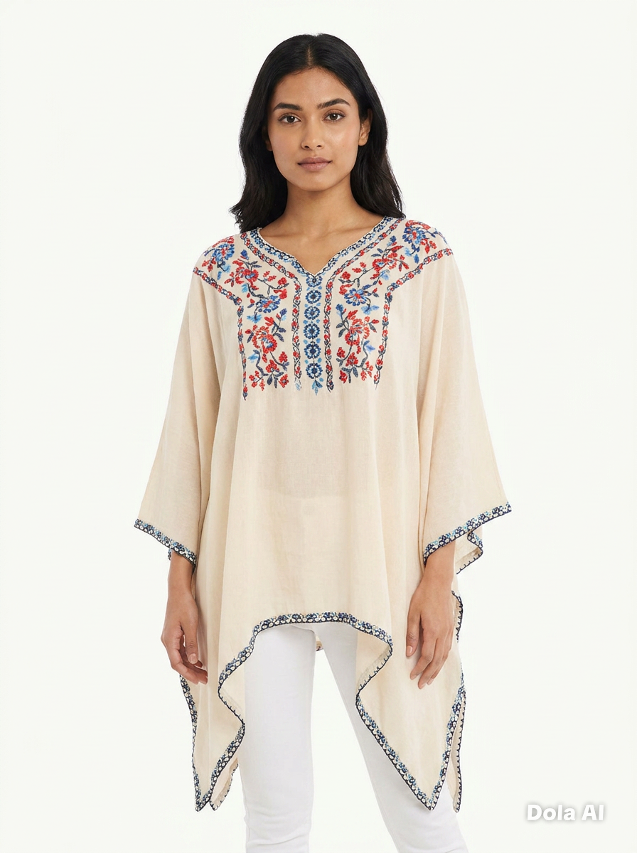 Embroidered V-Neck Kaftan in Cream