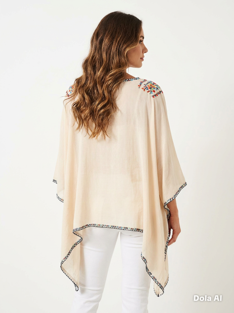 Embroidered V-Neck Kaftan in Cream