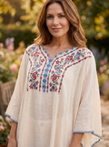 Embroidered V-Neck Kaftan in Cream
