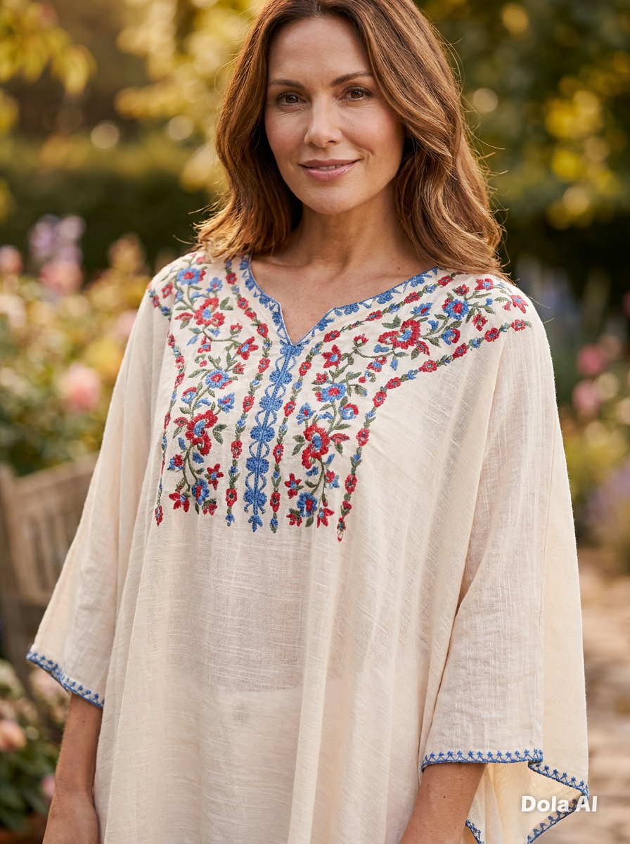 Embroidered V-Neck Kaftan in Cream