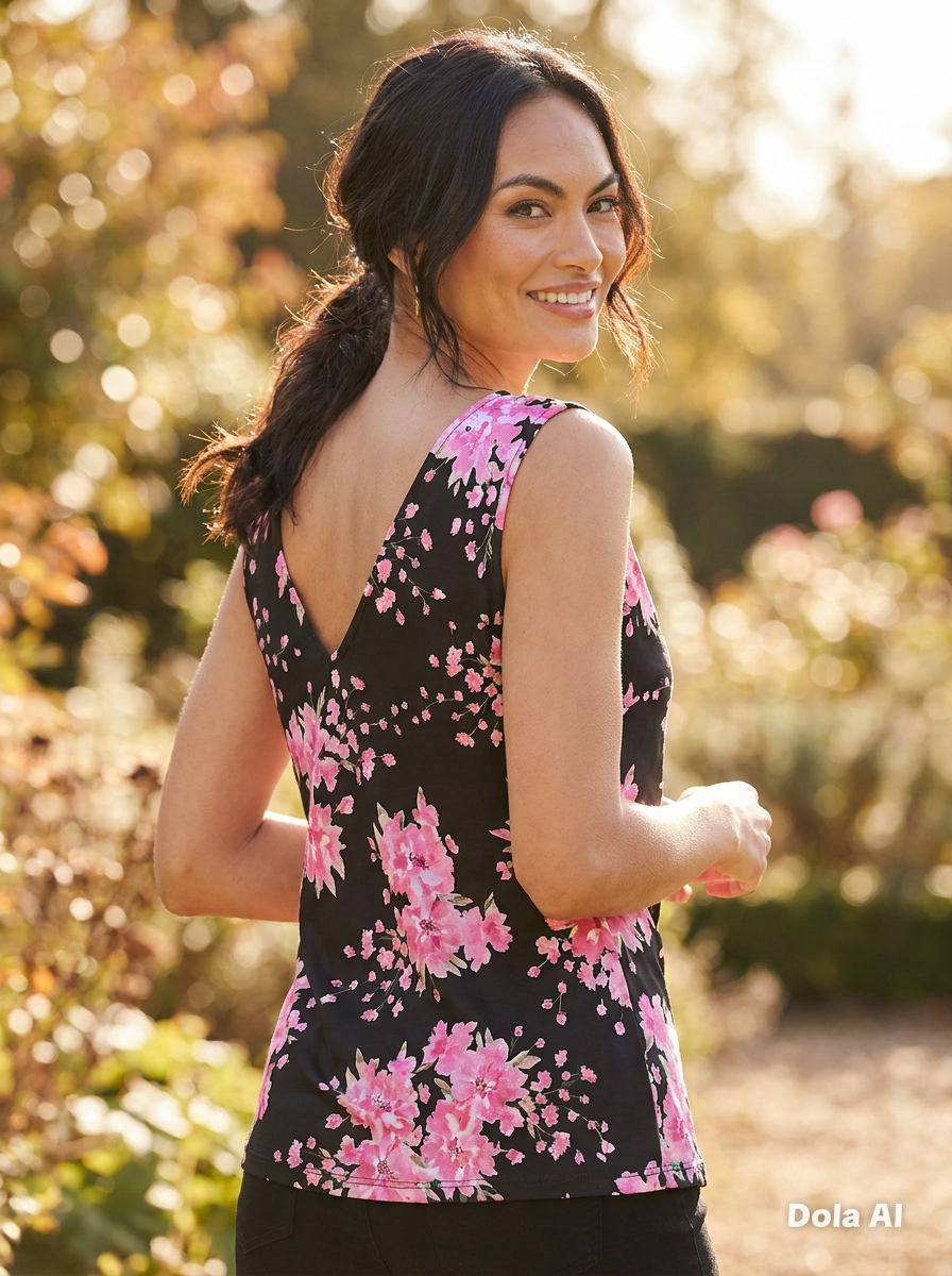 This is a vibrant Sleeveless Floral Cowl-Neck Top, designed with a mix of feminine elegance and modern style.