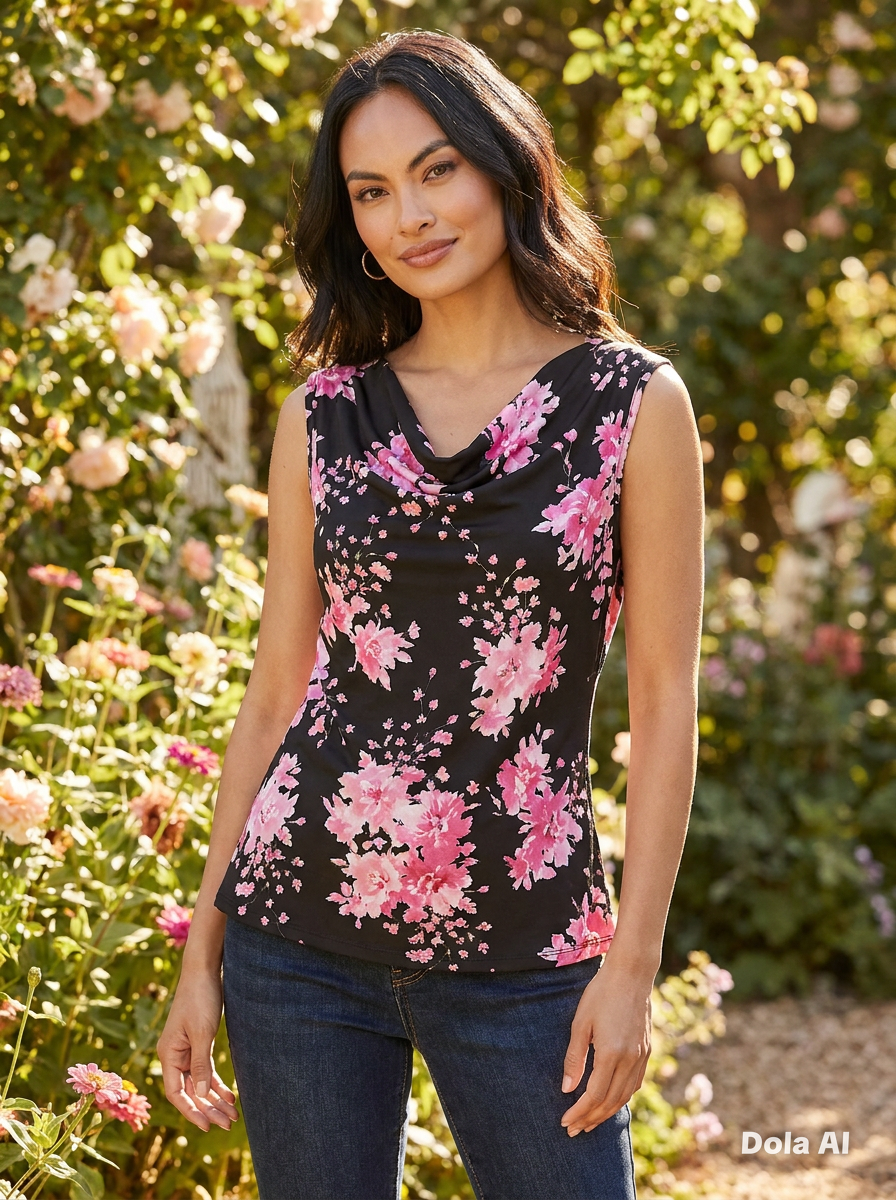 This is a vibrant Sleeveless Floral Cowl-Neck Top, designed with a mix of feminine elegance and modern style.