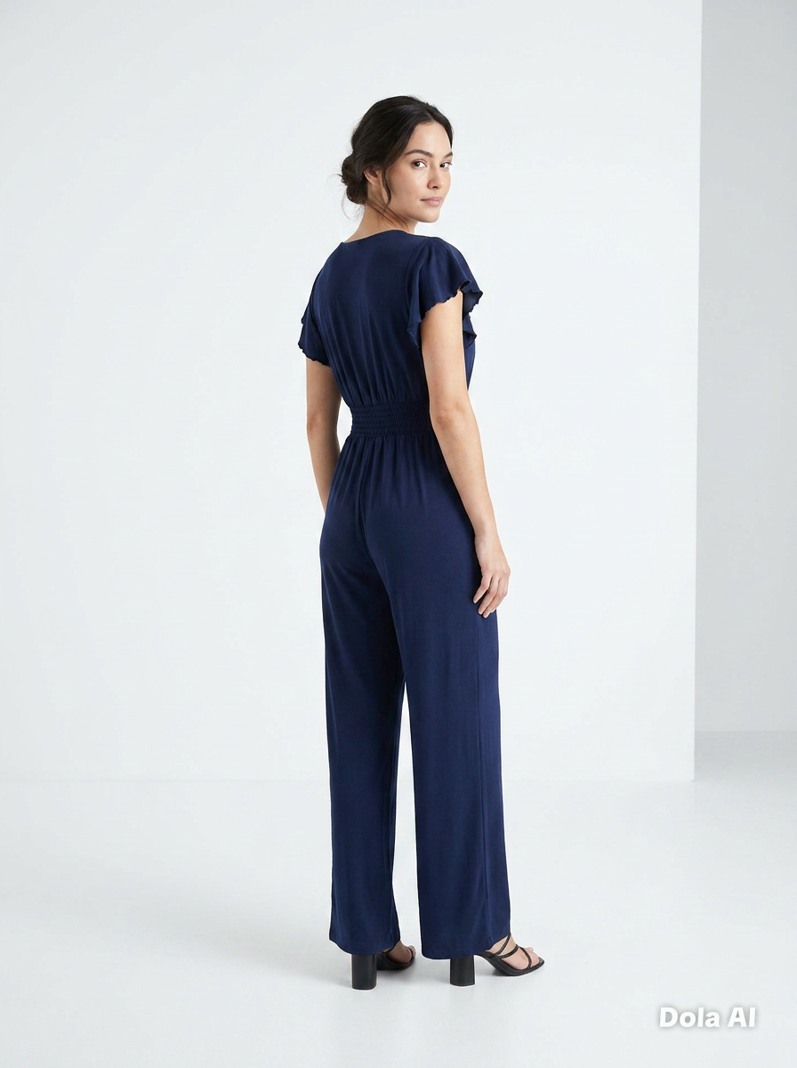 This is a stylish Navy Blue Flutter-Sleeve Jumpsuit, perfect for transitioning from day to night.