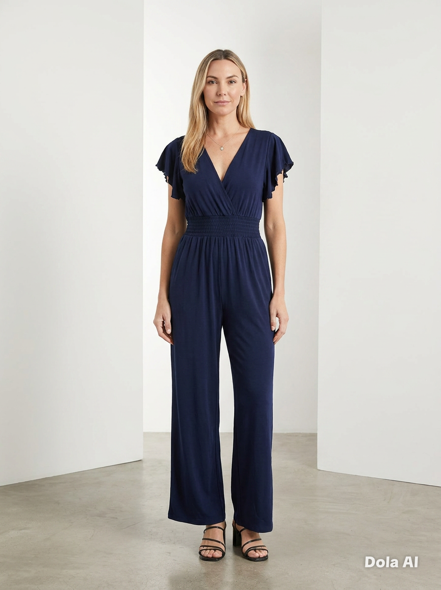 This is a stylish Navy Blue Flutter-Sleeve Jumpsuit, perfect for transitioning from day to night.